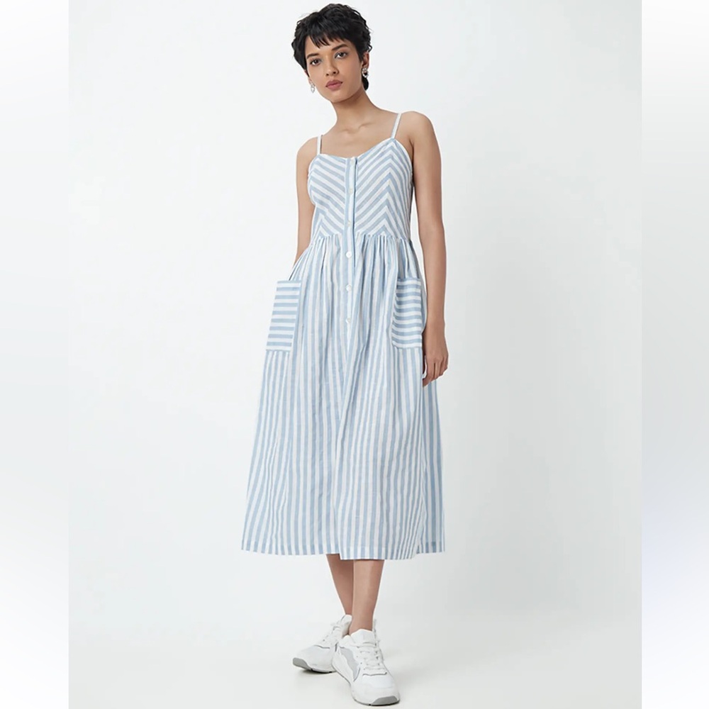 Bombay Paisley Light Blue Striped Cotton Button Front Midi Dress Pockets Summer